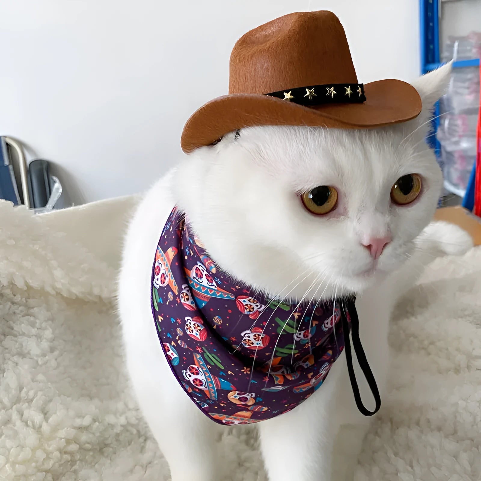British cowboy hat for a cat on a stand, showing brown non woven fabric with a black ribbon trim.