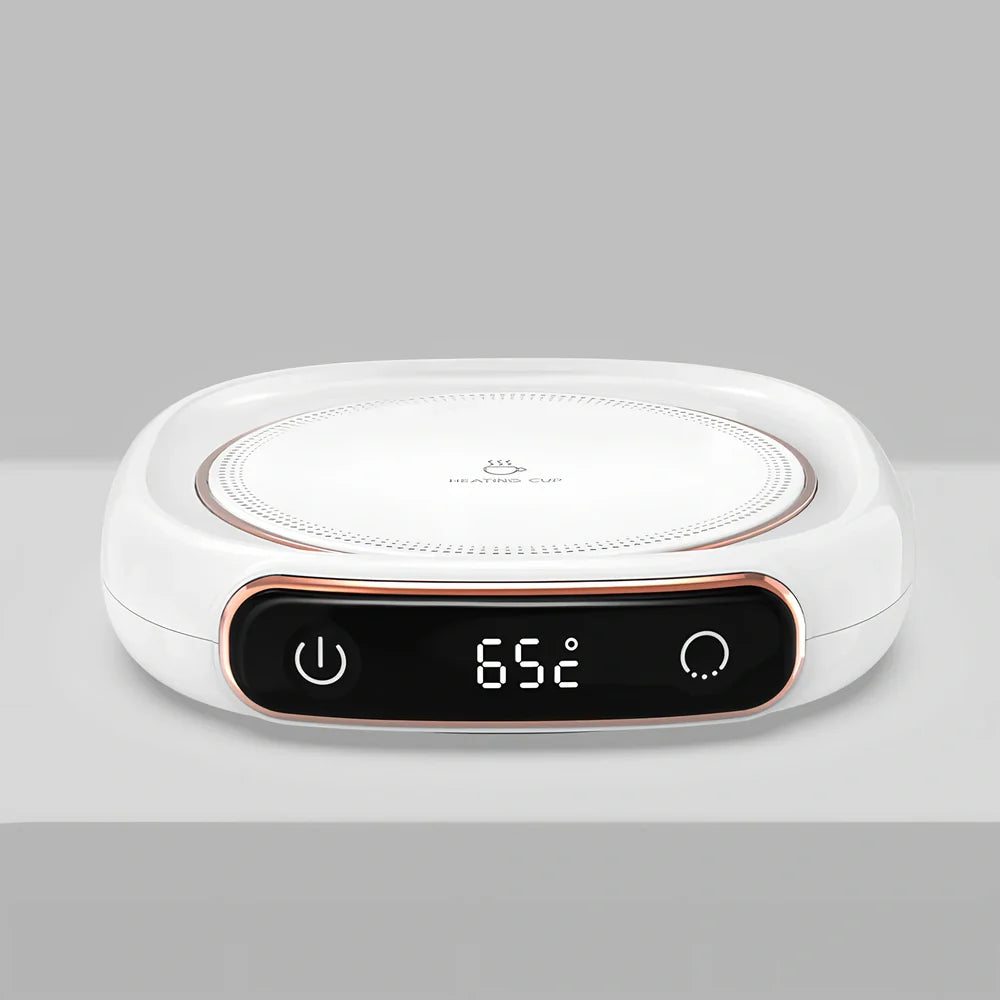 White plated collage desktop warming pad with digital temperature display showing current heating status