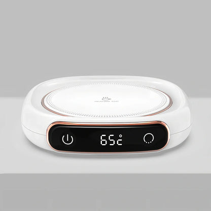White plated collage desktop warming pad with digital temperature display showing current heating status