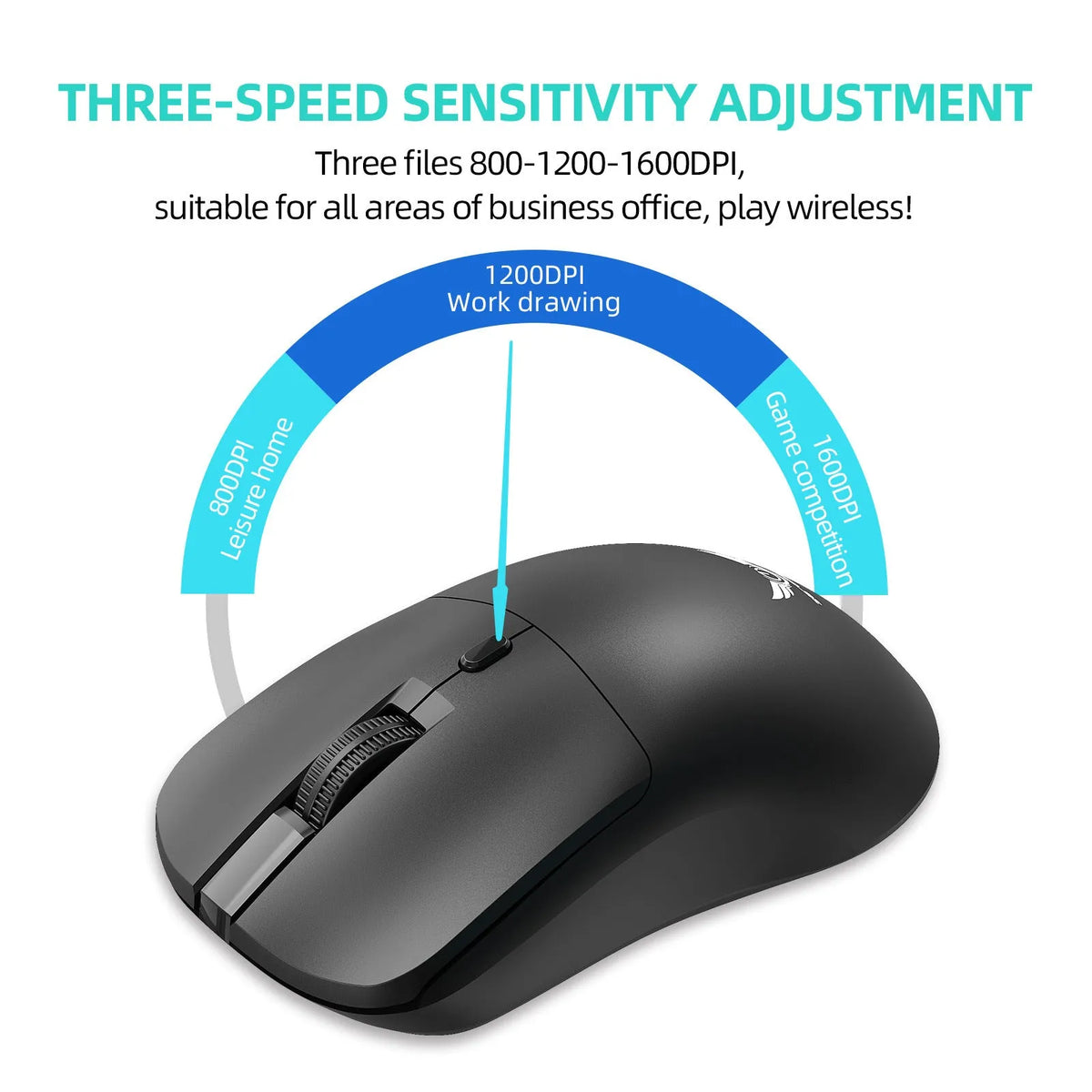 Black wireless computer mouse with three buttons and scroll wheel