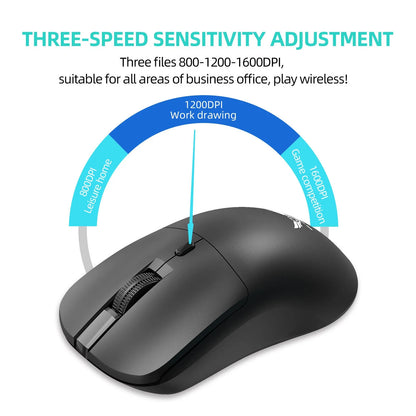 Black wireless computer mouse with three buttons and scroll wheel