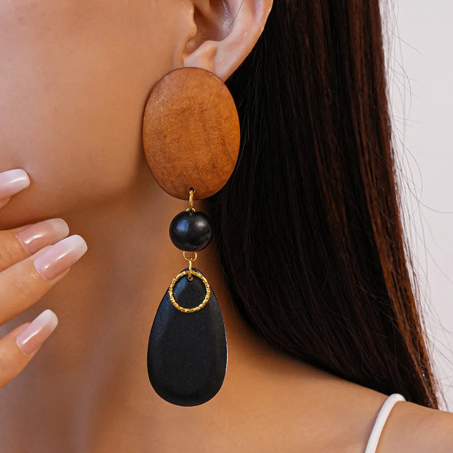 Handmade wooden elliptical earrings in silver brown black colour retro fashion design