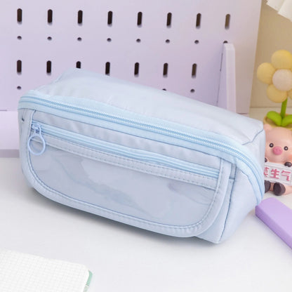 Ten-layer flip canvas pencil case showing multiple compartments in available colours