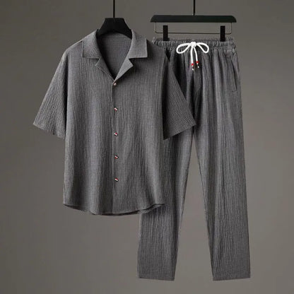 Men's Chinese style casual two-piece sportswear set with short sleeve top and trousers