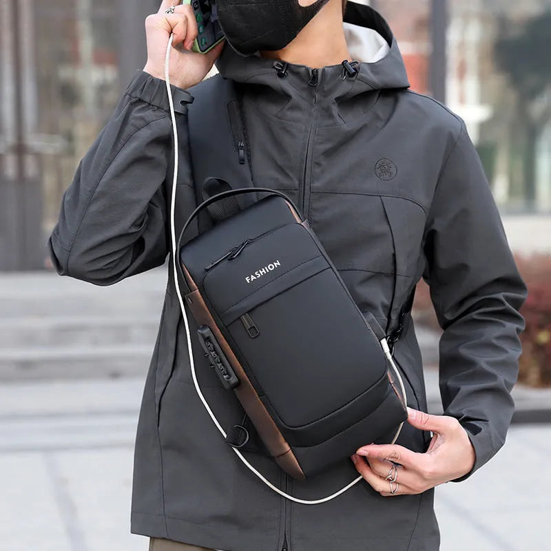 Password lock men's leisure bag in Oxford cloth, 31x17x7cm, vertical square, waterproof, black and brown colour options