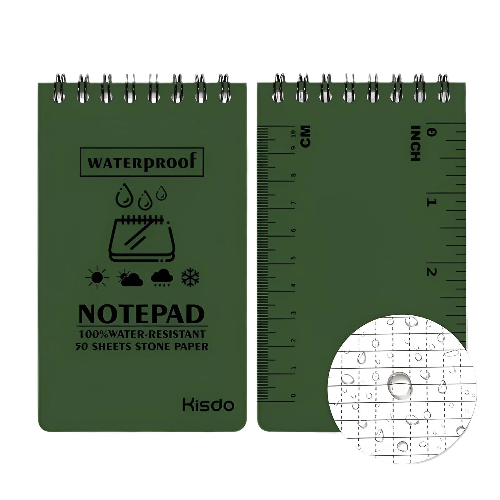 Spiral-bound waterproof notepad in camouflage colour, open on a wooden surface with a pen.