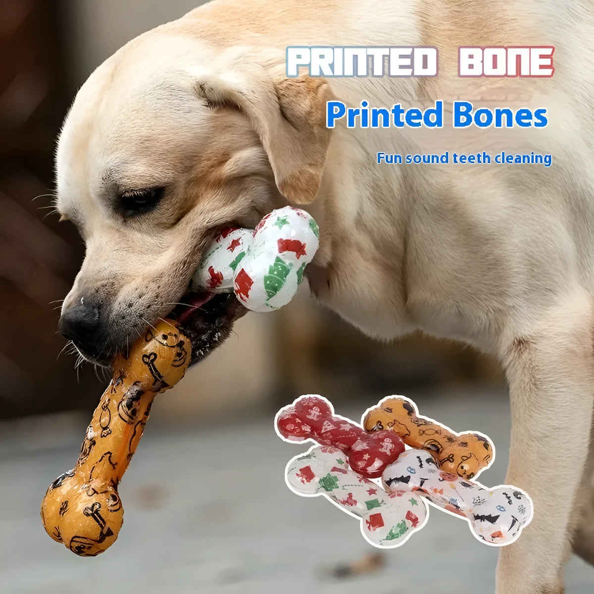Printed bone TPR dog toy that squeaks when bitten in seasonal colours