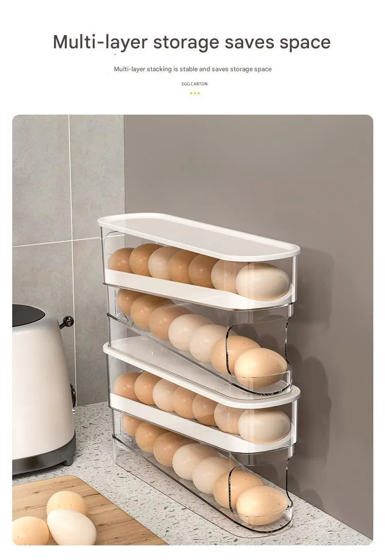 White plastic refrigerator slide-out egg dispenser tray mounted on refrigerator door