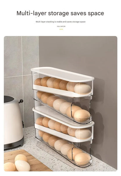 White plastic refrigerator slide-out egg dispenser tray mounted on refrigerator door