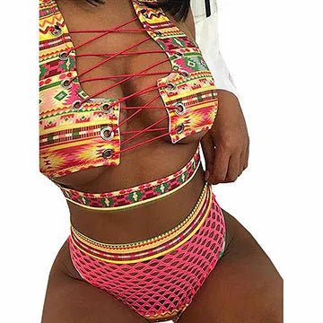 Women's checkered multicolor bikini with cross strap top and fishnet high waist briefs