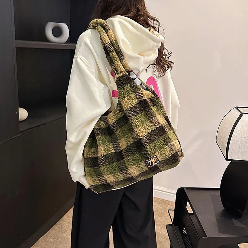 Women's plaid shoulder crossbody tote bag in army green with 40x44x9cm dimensions and zipper changing bag interior