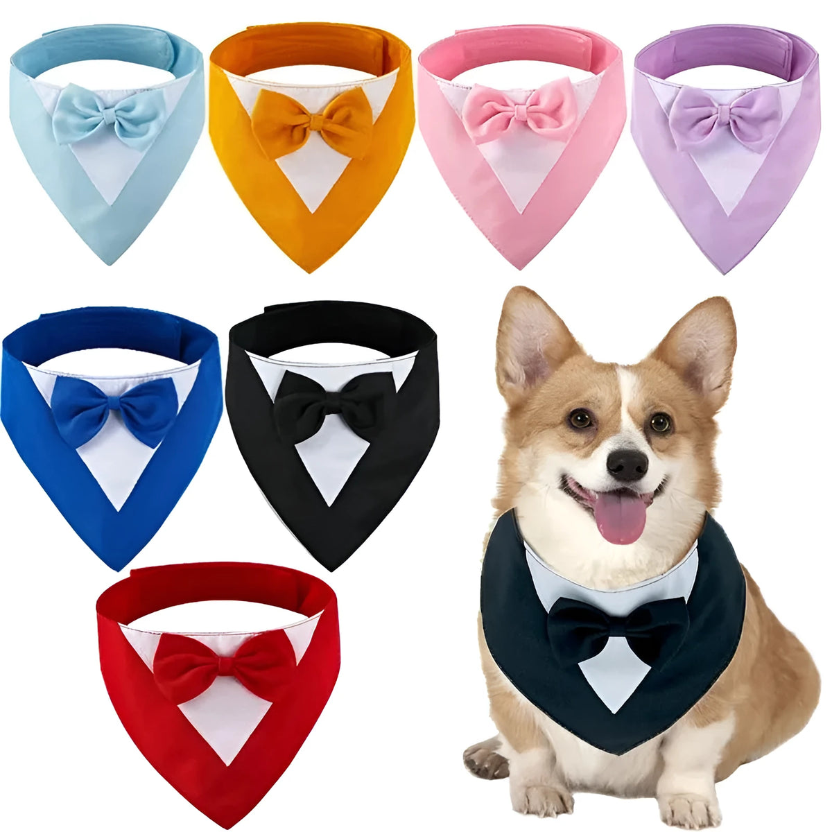 Triangular pet bib with bow detail in assorted colours, shown on a dog as a scarf and drool towel.