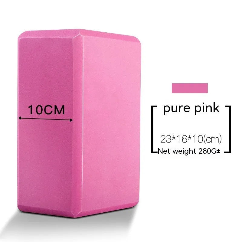 High-density EVA foam yoga block in violet colour, shown next to a pink block with a cartoon bunny print.