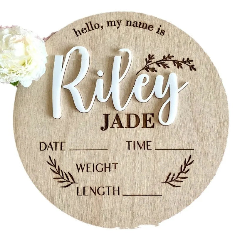 15cm square wooden newborn name label with birth details on plywood in three style variations
