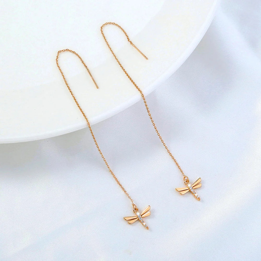Gold copper dragonfly micro-set zircon long tassel ear wire jewellery