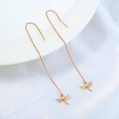 Gold copper dragonfly micro-set zircon long tassel ear wire jewellery