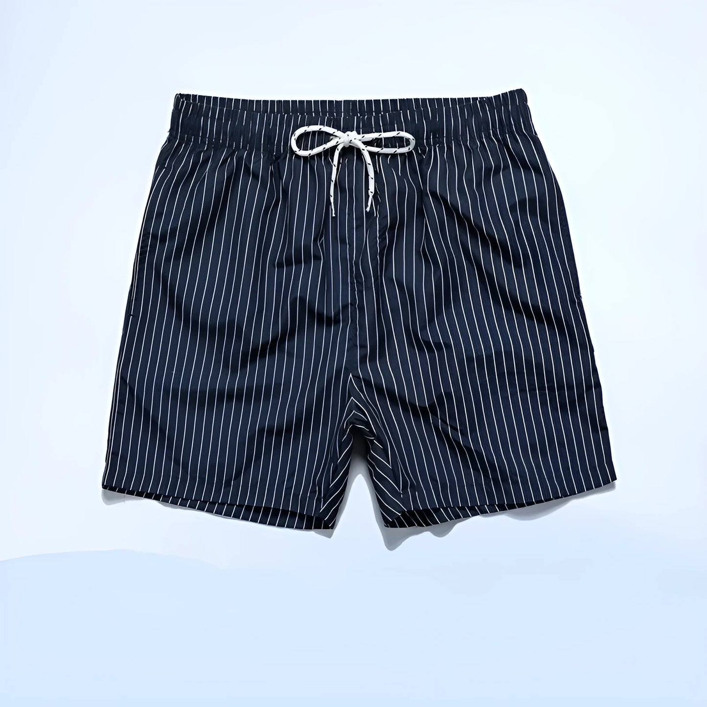 Men's navy blue striped casual shorts with a straight leg opening and triangle lining laid flat.