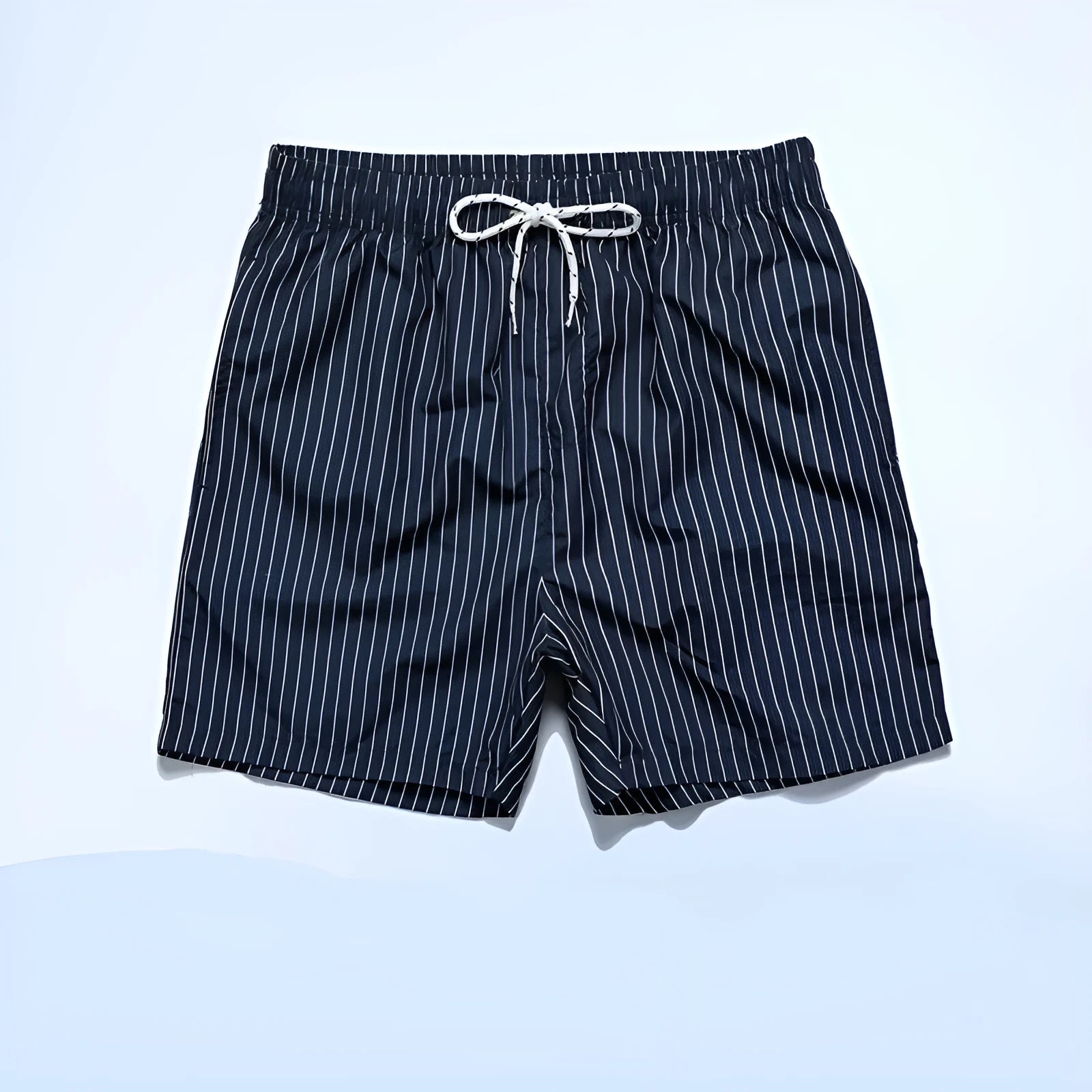 Men's navy blue striped casual shorts with a straight leg opening and triangle lining laid flat.