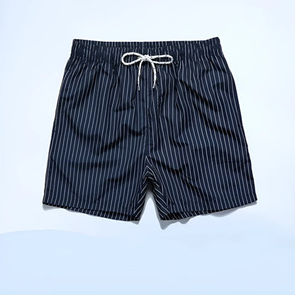 Men's navy blue striped casual shorts with a straight leg opening and triangle lining laid flat.