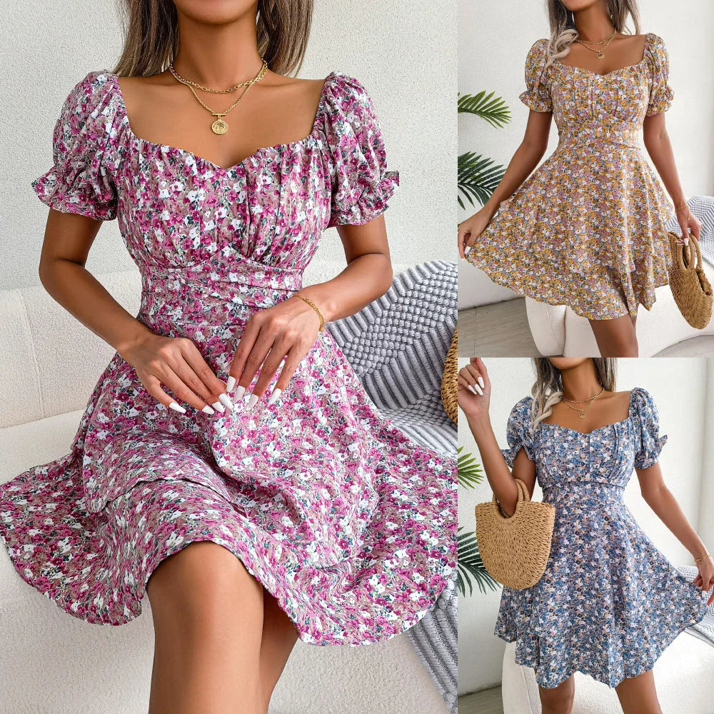 Stylish floral mini dress with ruffled skirt, high-waist design, and short sleeves for a flattering and comfortable summer look