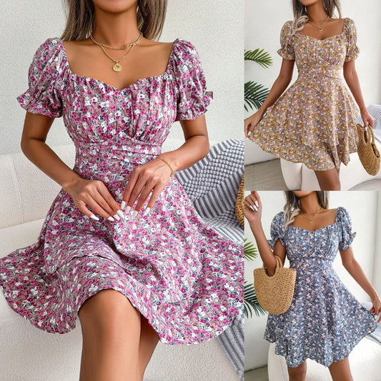 Stylish floral mini dress with ruffled skirt, high-waist design, and short sleeves for a flattering and comfortable summer look