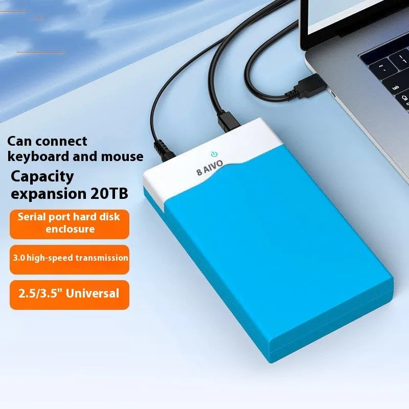 USB 3.0 to SATA external hard drive enclosure for 3.5-inch drives with slide-open cover, data cable, and power adapter