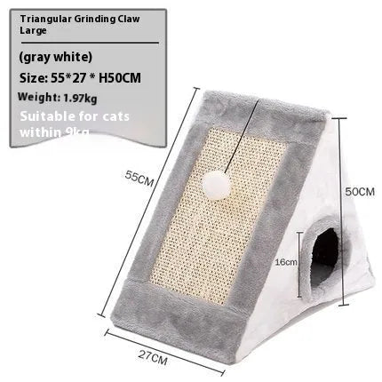 Grey and white triangle-shaped cat scratching post with an integrated soft cat bed.