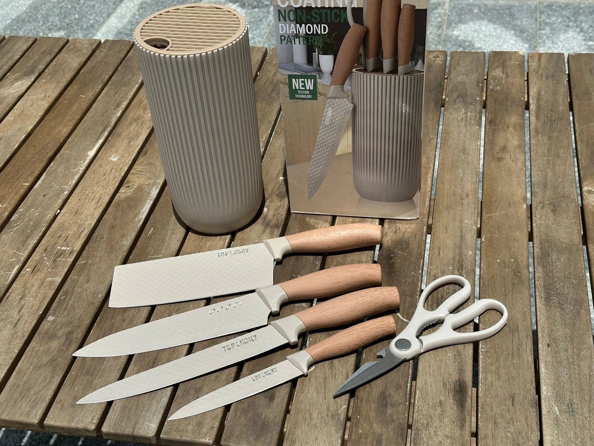 Five-piece kitchen knife set with stainless steel dish knife, scissors and khaki wood grain PP TPR handles