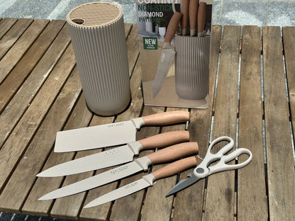 Five-piece kitchen knife set with stainless steel dish knife, scissors and khaki wood grain PP TPR handles