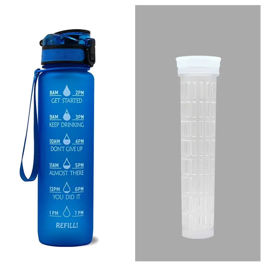 Blue and red gradient 1 litre Tritan sports water bottle with time markers and a flip-top lid.