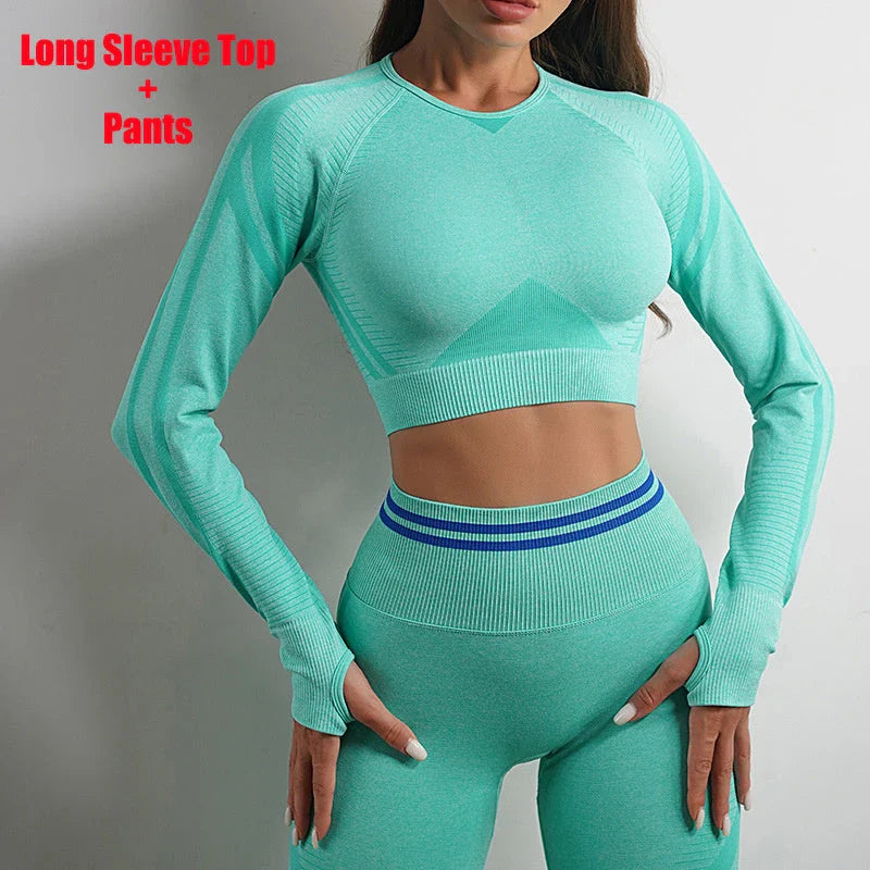 Seamless yoga leggings and long sleeve workout tops in various colors and styles