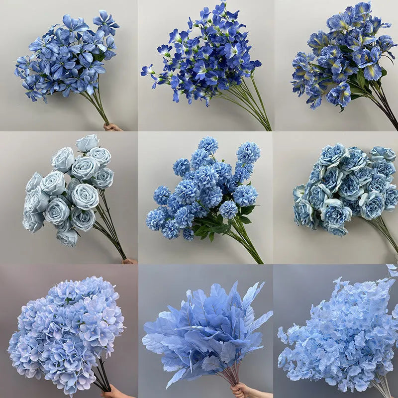 Haze blue silk flower bouquet with campanula, linglan, and wildflowers for home decoration
