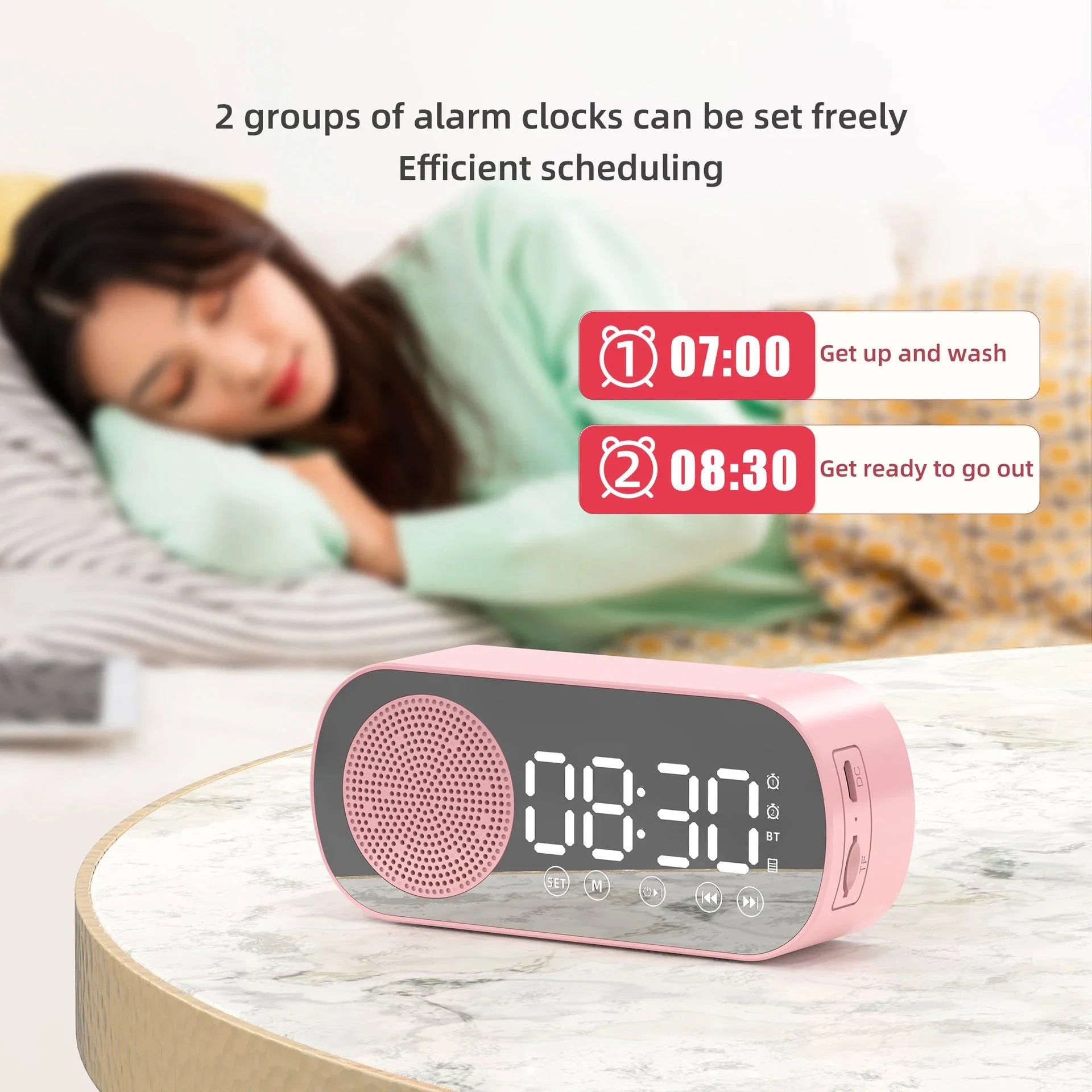Versatile Bluetooth alarm clock with mirror finish, FM radio, and phone holder