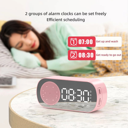 Versatile Bluetooth alarm clock with mirror finish, FM radio, and phone holder