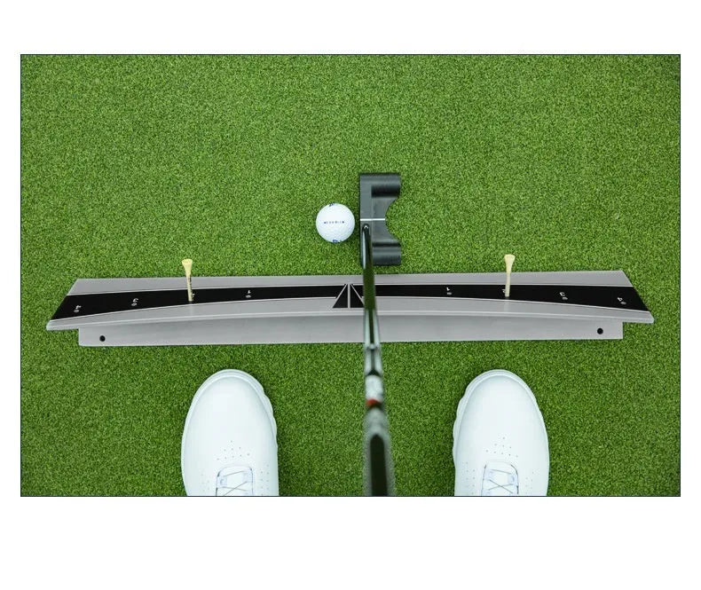 Golf putter trajectory balance simulator with adjustable push rod balancer on practice green