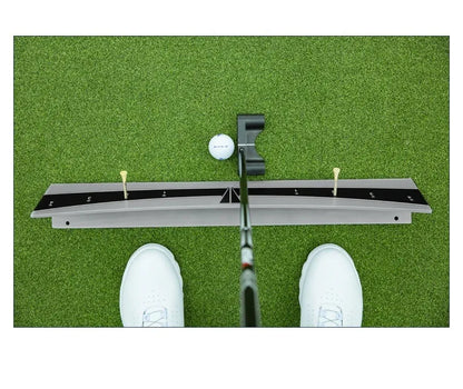 Golf putter trajectory balance simulator with adjustable push rod balancer on practice green