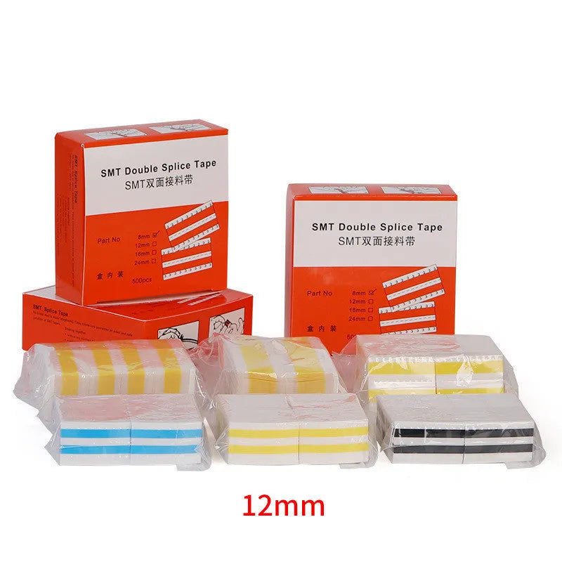 Box of SMT double-sided splicing tape on a factory bench, showing yellow tape in 8mm, 12mm, 16mm and 24mm widths.