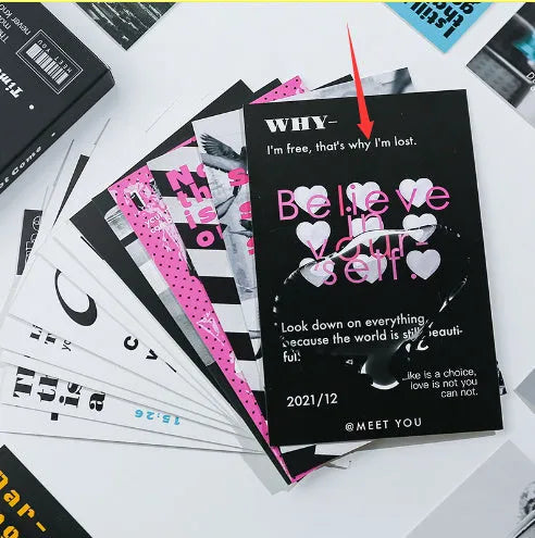 Two fresh-style greeting card designs, 'Time Not Arrived' and 'Warm Wind Not Exhausted', each 10.5cm by 14.8cm.
