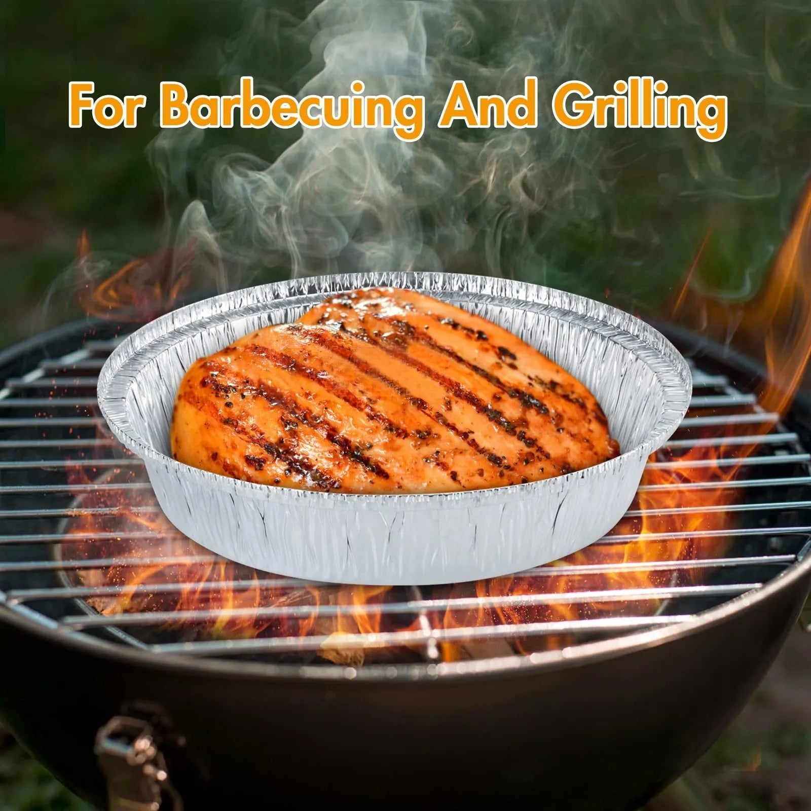Round disposable aluminium foil liners for air fryers in four different sizes on a kitchen counter.