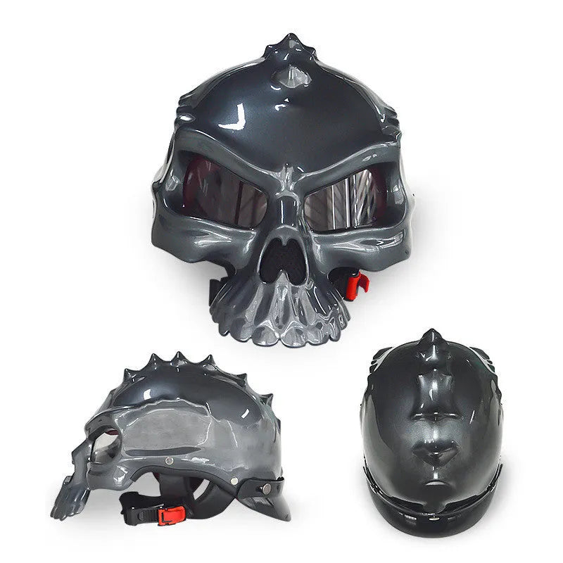 Double-sided reversible skull motorcycle helmet showing two different artwork designs