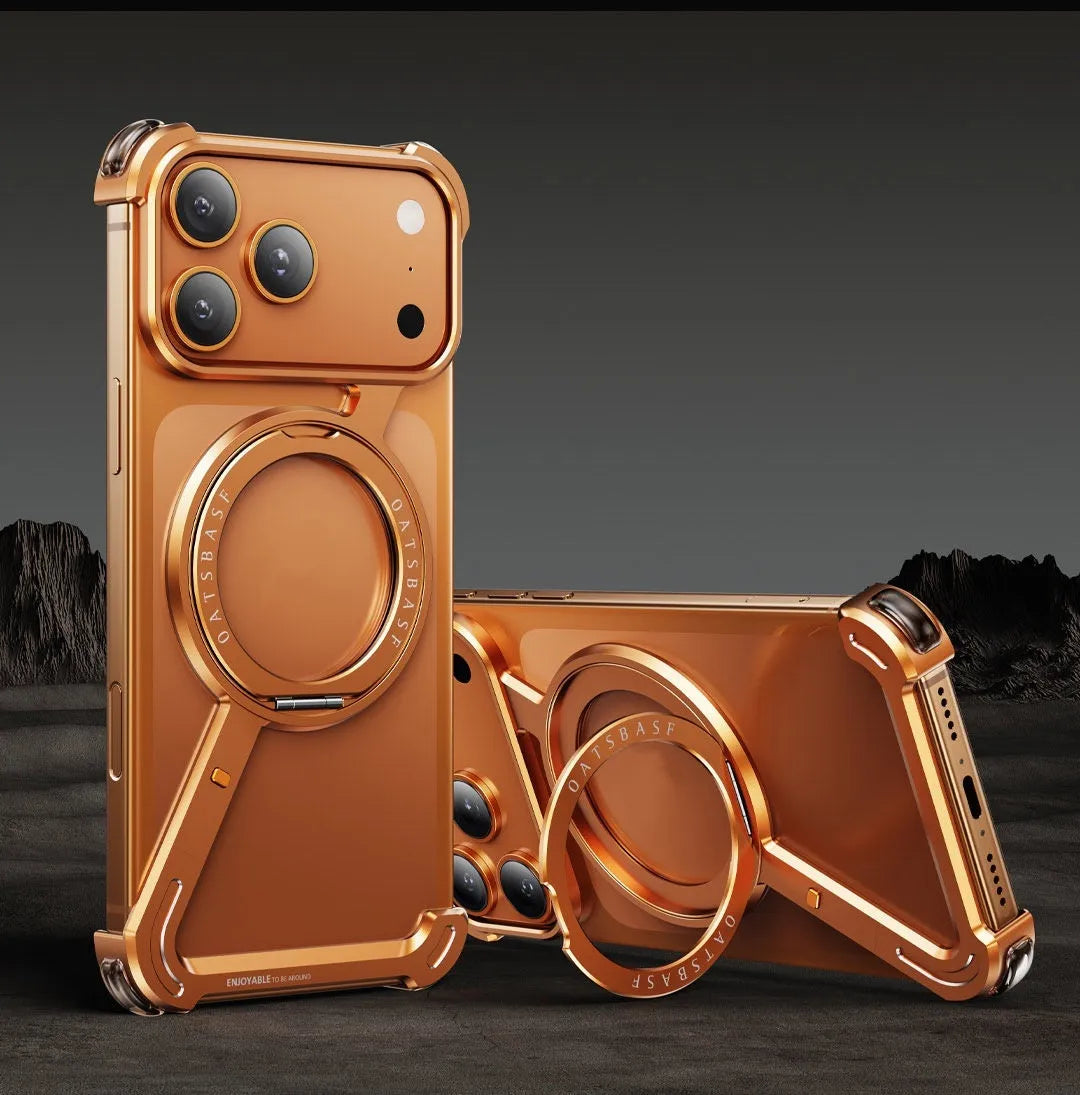 Black electroplated metal phone case for iPhone 17 Pro Max showing integrated magnetic bracket on back.