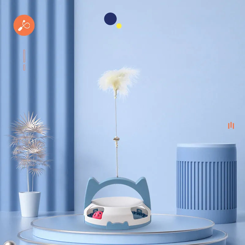 Bite-resistant cat play stick with spinning ball toy on a flexible wire, in blue colour.