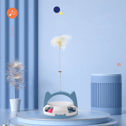 Bite-resistant cat play stick with spinning ball toy on a flexible wire, in blue colour.