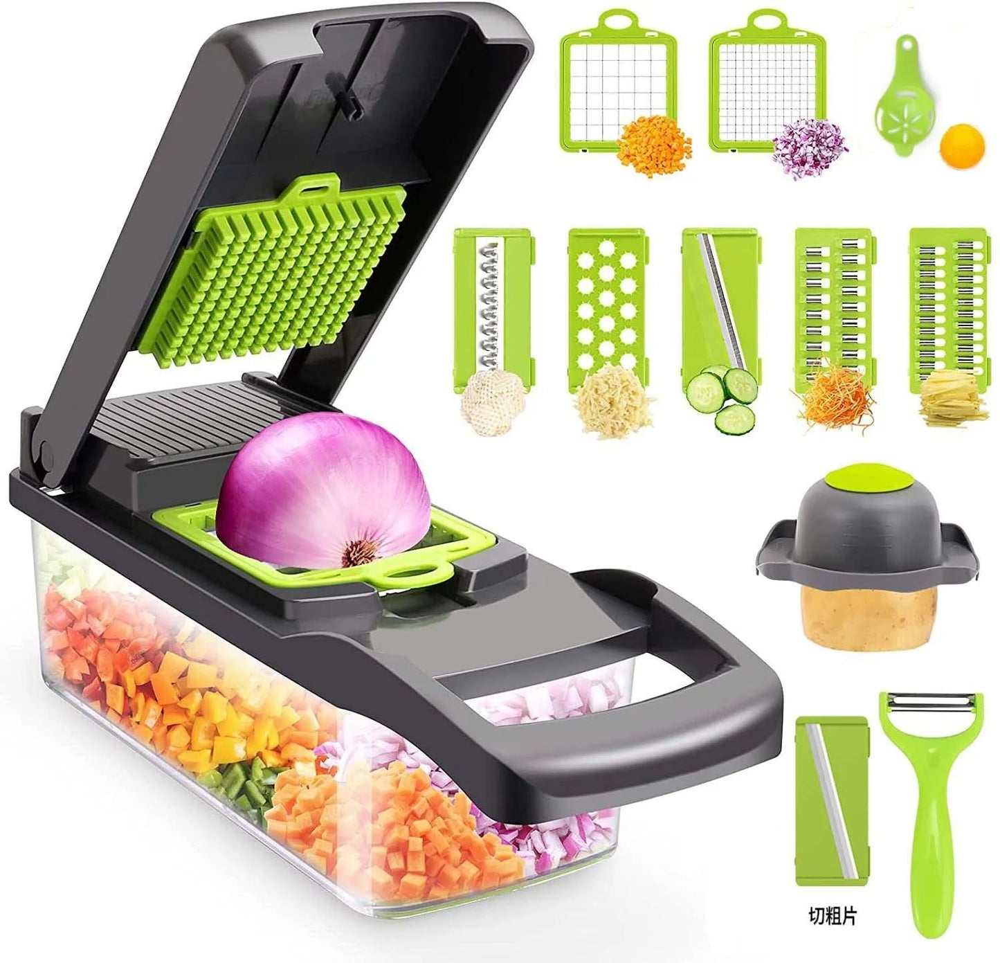 Grey stainless steel manual vegetable cutter with set of eight blades and egg separator attachment
