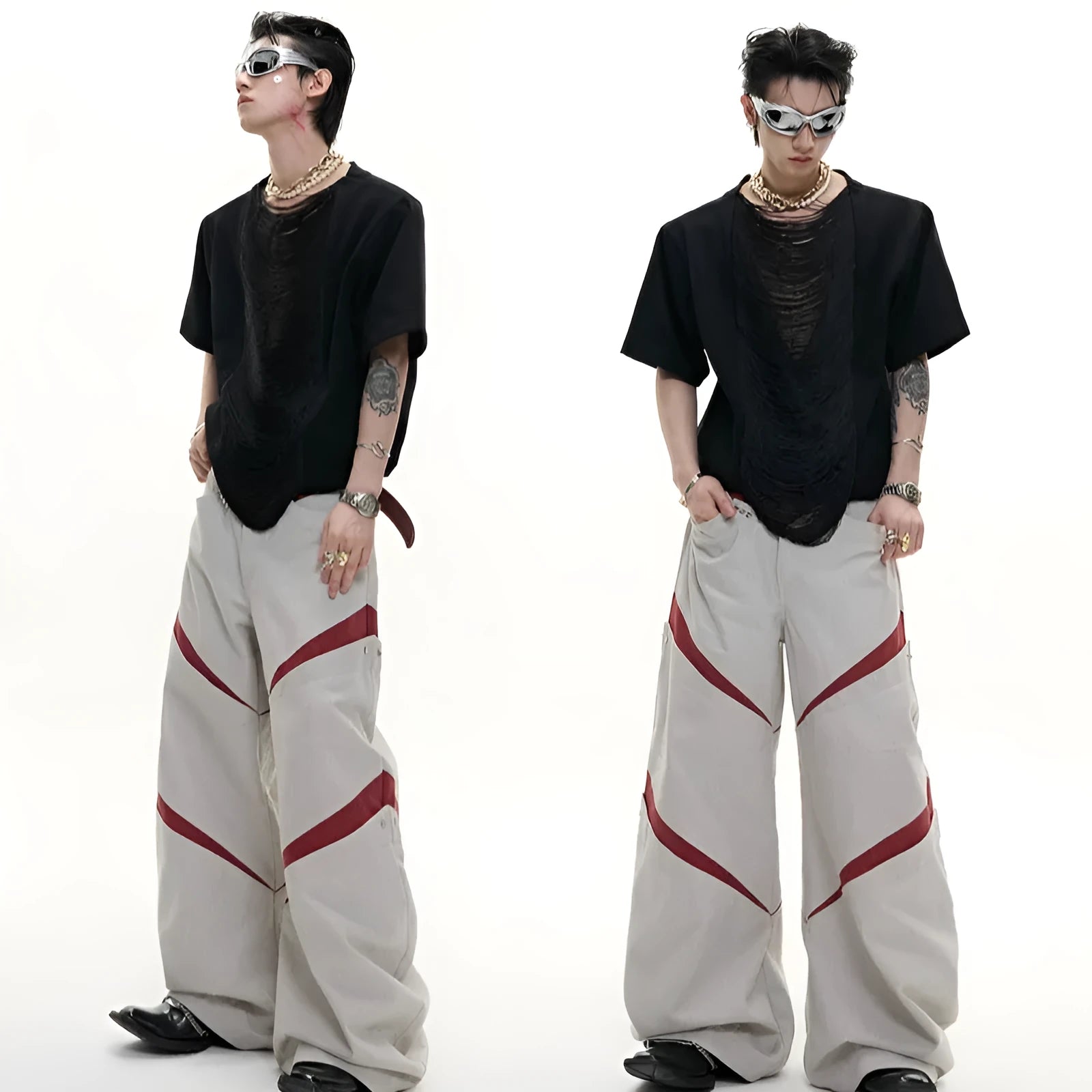 Man's black loose fit t-shirt with a hollow out V-neck design and short sleeves.