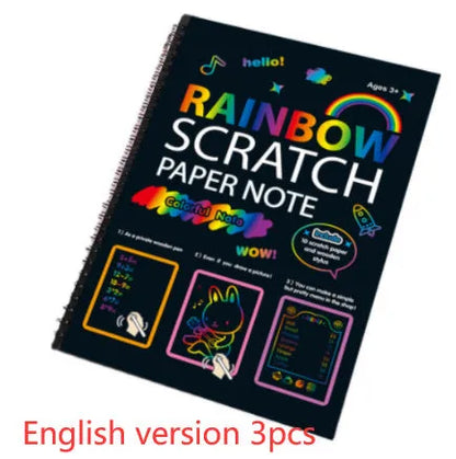 Children's large scratch art paper showing colourful patterns revealed through scraping