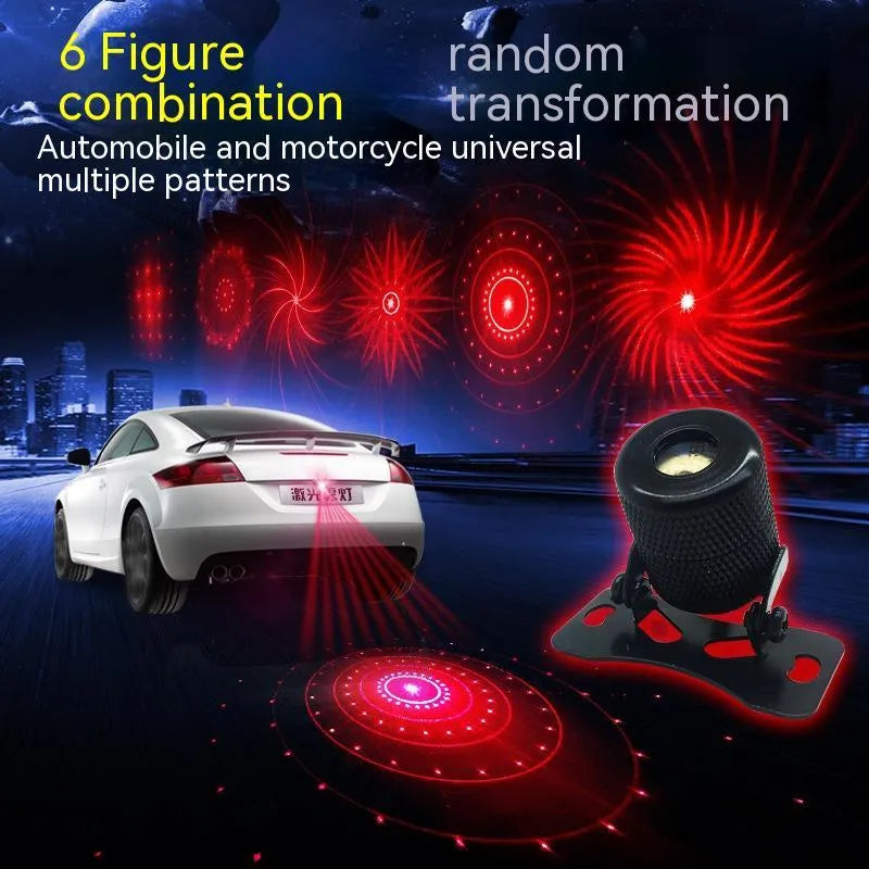Aluminium laser fog lamp for car or motorcycle with red beam and mounting hardware.