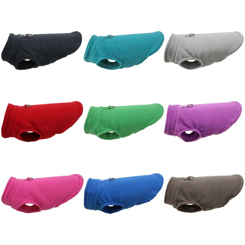 Thickened polar fleece dog waistcoat in solid colours red, black, blue, available in sizes S M L XL.