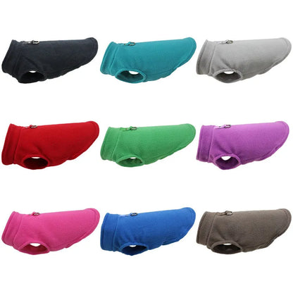 Thickened polar fleece dog waistcoat in solid colours red, black, blue, available in sizes S M L XL.