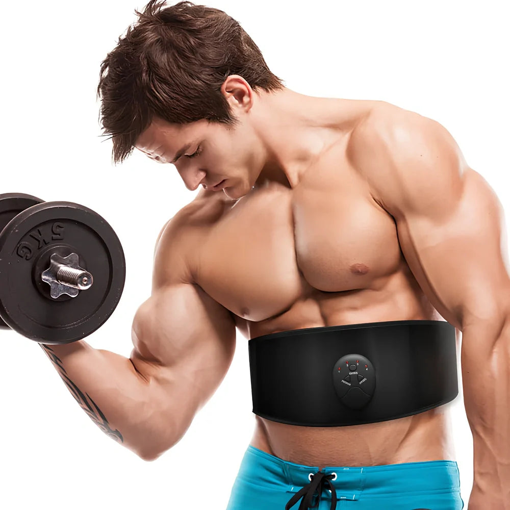 Black abdominal slimming belt with adjustable waist strap showing vibration unit and 10-speed controls